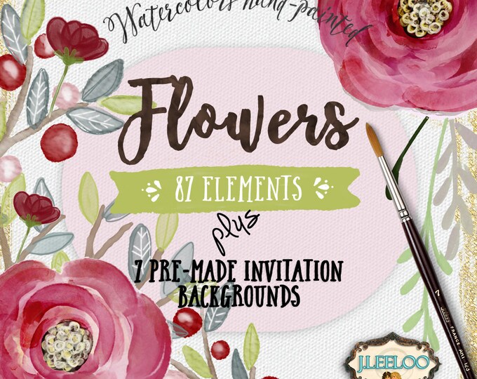 FLOWERS Digital watercolors clipart watercolors png jpg for scrapbooking invitations labels cards papers instant hand painted wa109