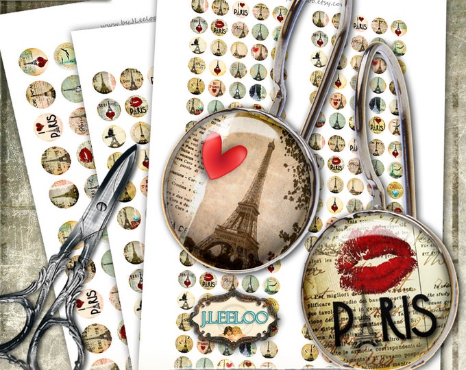 Digital collage sheets EIFFEL TOWER 12mm 16mm 20mm circle earring ring size crow paris heart image for jewelry instant download tn264