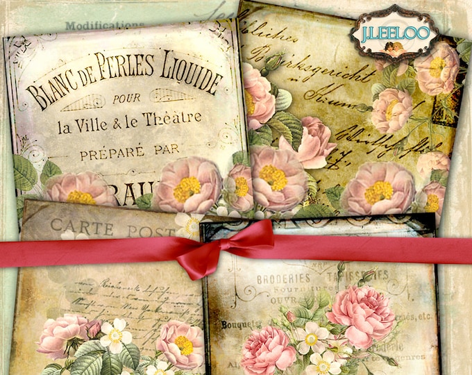 VINTAGE FRENCH digital paper 4x4 inch 2x2 inch large hang tag label scrapbooking coaster magnet instant download printable image qu484