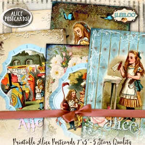 ALICE POSTCARD imprimable 7 x 5 pouces carte postale collage numérique feuille de scrapbooking au pays des merveilles journal invité téléchargement arrière-plan pp368