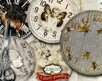 ECLECTIC CLOCK FACE 8 inch circle - vintage dirty printable clipart vintage home decor diy paper tattered - digital collage - tn568