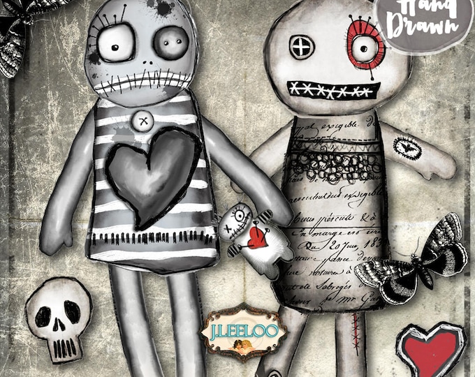 VOODOO PAPER DOLLS altered art hand-drawn Gothic scary Digital collage sheet scrapbook diary art instant download printable pp382