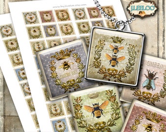 QUEEN BEE Digital bedruckbare 1 x 1-Zoll-Quadratbilder digitale Bilder Insekt Papierwaren schicker Vintage-Anhänger Handwerk sofortiger Download qu509