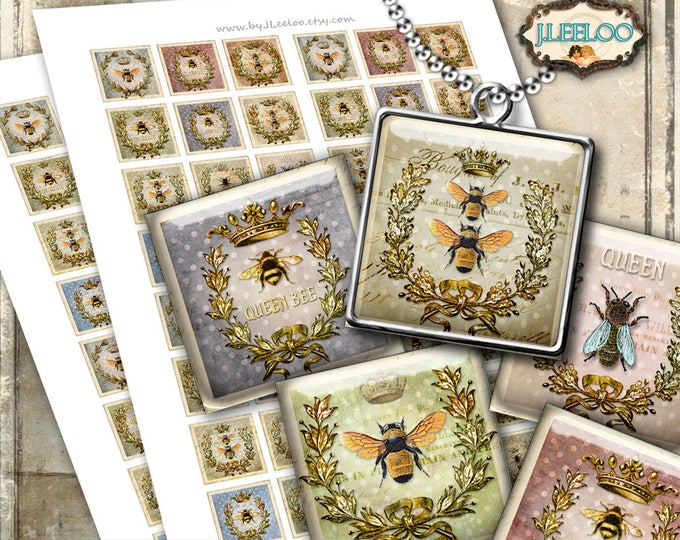 QUEEN BEE Digital printable 1x1 inch square sheets digital images insect paper goods chic vintage pendant craft instant download qu509
