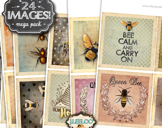 SAVE THE BEES 4x4 inch digital paper large hang tag french labels scrapbooking coaster magnet instant download printable image qu513