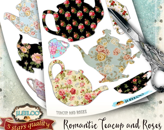 TEACUP and ROSES silhouette Digital collage sheet roses for scrapbook altered art instant download printable shabby chic vintage pp154
