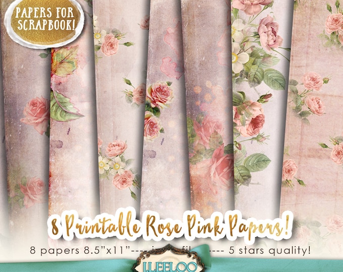 ROSE PINK PAPERS printable paper pack 8.5 x 11 inch scrapbook ephemera crafting art Digital collage sheet instant download pp414