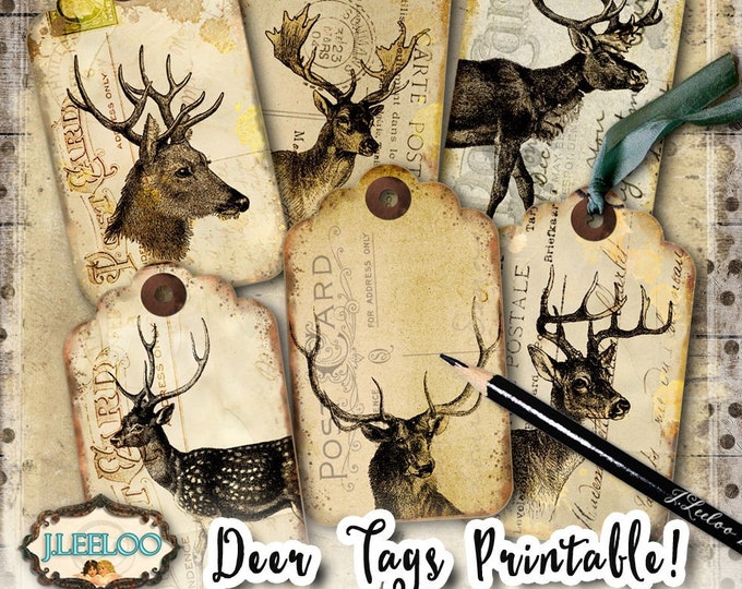DEER TAGS printable vintage antique paper Christmas gift scrapbook ephemera grunge aged digital download instant download tl200