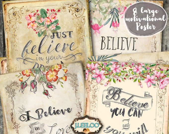 BELIEVE 8.5x11 inch large motivational digital papers vintage quote poster instant download printable Digital collage sheet pp361