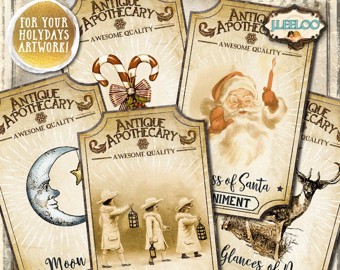 HOLYDAYS TAGS apothecary for greeting card Digital collage sheet Christmas santa gift card paper good download printable vintage tl180