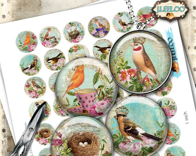 VICTORIAN 1  inch circle sheets printable digital images birds cup tea paper goods vintage magnet pendant craft instant download tn558