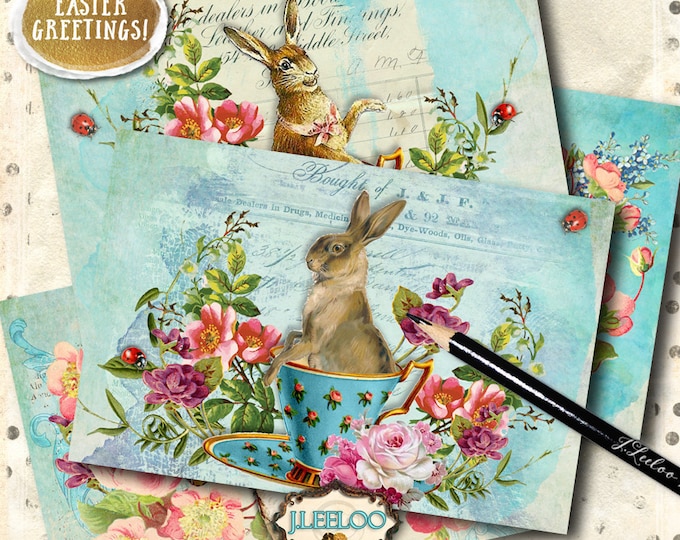 BUNNY CARDS  easter postcard invite greetings Spring digital collage sheet scrapbook vintage instant download printable pp375
