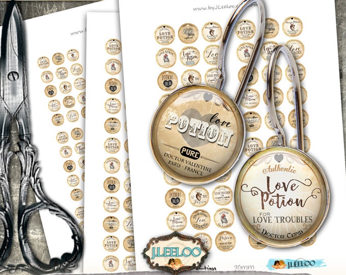 LOVE POTION 20mm 16mm 12mm circle sheets earring ring size apothecary digital images jewelry instant download tn534