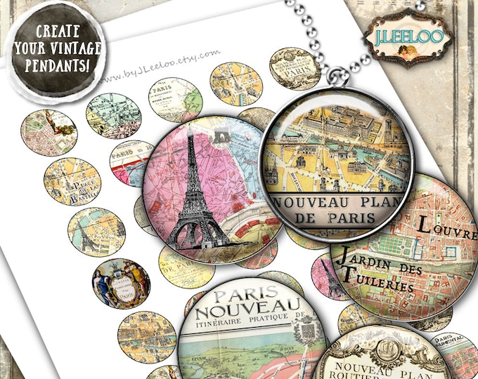 PARIS MAPS printable digital collage 1 inch circle paris france for resin pendant magnet jewelry instant download printable tn544