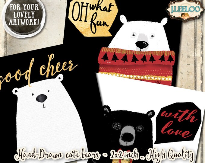 CUTE BEARS  hand painting clipart pet holidays 2x2 inch pendant magnet craft christmas clipart watercolor download printable paper qu492