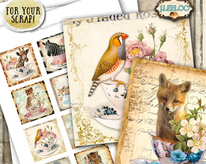 Digital print TEACUP WITH FRIENDS 2x2 inch square hang tag wild animal images pendant magnet instant download printable image qu496