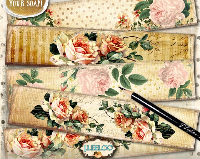 WRAPPER ROSES printable vintage soap wrap  bookmarks Digital sheet instant download Shabby Chic dots stripes background papers pp370