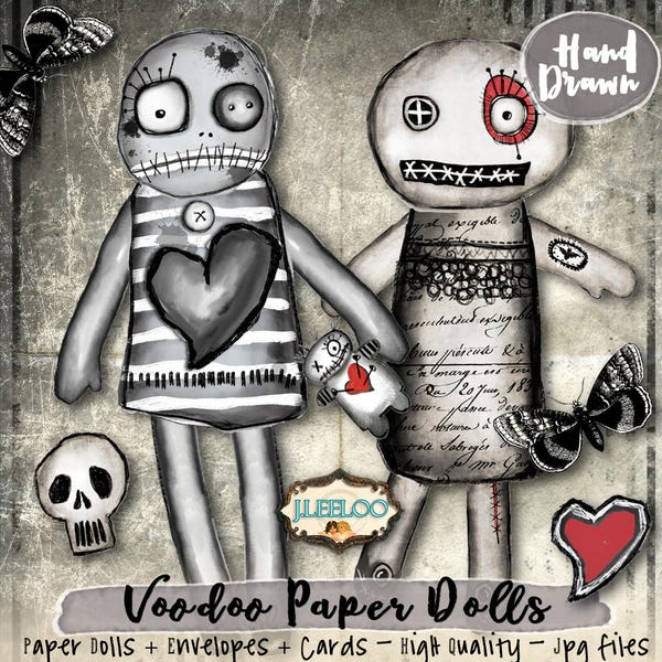 VOODOO PAPER DOLLS altered art hand-drawn Gothic scary Digital collage sheet scrapbook diary art instant download printable pp382