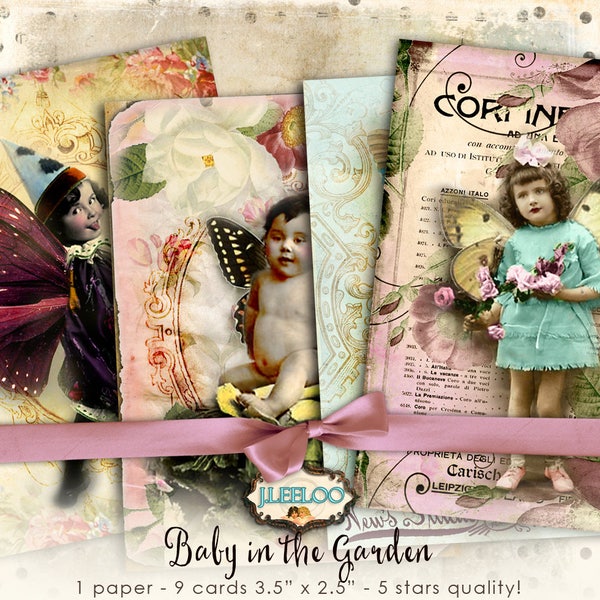 BABY in the GARDEN old photo fairy atc aceo Digital sheet greeting cards instant download printable background vintage journaling ac113