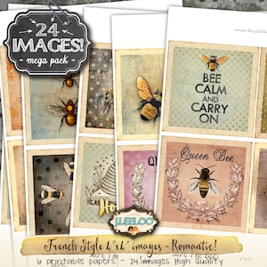 SAVE THE BEES 4x4 inch digital paper large hang tag french labels scrapbooking coaster magnet instant download printable image qu513