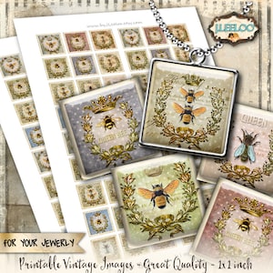 QUEEN BEE Digital printable 1x1 inch square sheets digital images insect paper goods chic vintage pendant craft instant download qu509