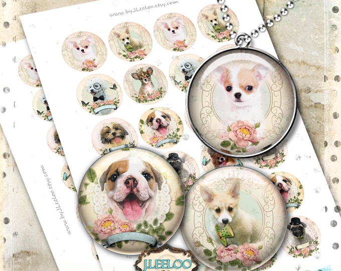 ADORABLE FRIENDS 1.5 inch 1.25 inch round Digital print hang tag dog bezel tray images pendant magnet instant download printable tn529