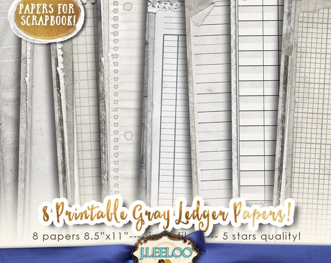 GRAY LEDGER 8 digital papers journal scrapbook diary art bookmaking page stationery background invited instant download printable  pp407