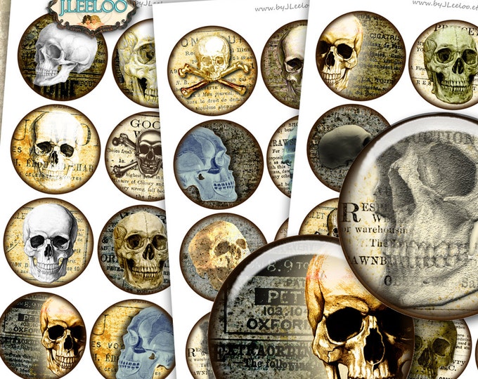 SKULLS 2.5 inch circle printable for halloween invitations pocket mirrors cupcake topper scrapbook magnets Digital collage sheet tn484