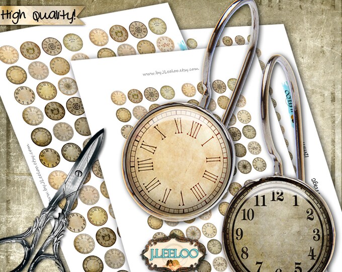 CLOCK FACE VINTAGE 20mm 16mm 12mm circle sheets earring ring size steampunk digital images jewelry instant download tn542