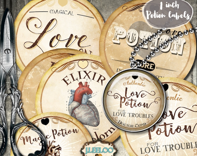 LOVE POTION  vintage apothecary digital 1 inch image steampunk printable halloween magic scrapbook diy instant download tn533