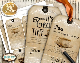 TEA TIME TAGS Digital collage sheet crafting vintage brown sepia printable instant download tl181
