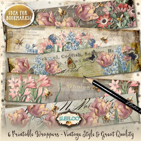 WRAPPER FLOWERS printable vintage bookmarks soap wrap bangle backgrounds Digital sheet instant download Shabby Chic papers pp372