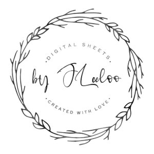 May include: Black and white illustration of a wreath with the text "Digital Sheets by J. Leeloo. Created with Love."
