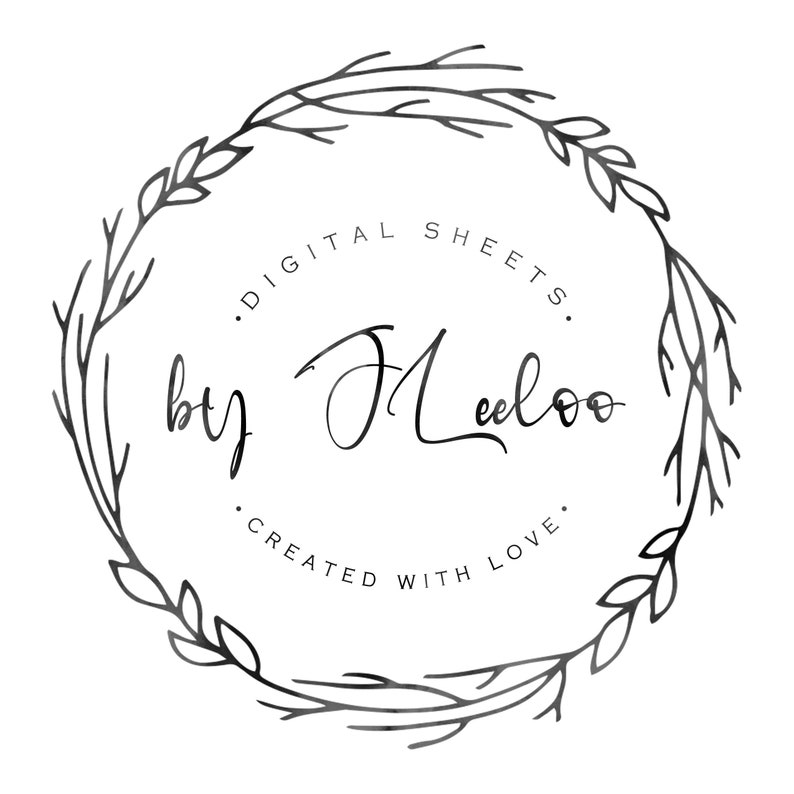 May include: Black and white illustration of a wreath with the text "Digital Sheets by J. Leeloo. Created with Love."