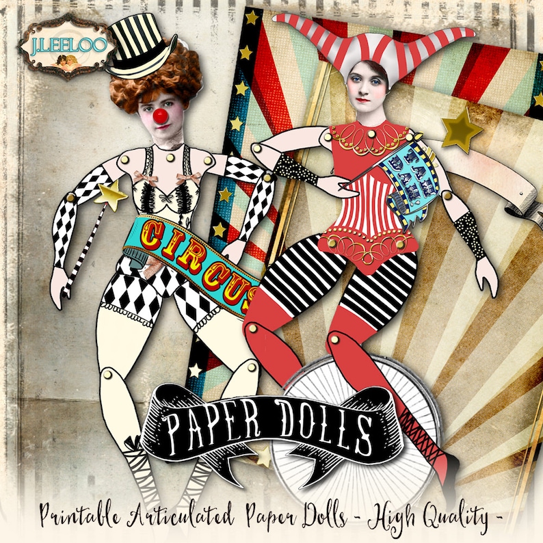 CIRCUS PAPER DOLL articulated printable altered art Digital collage sheet scrapbook mixed media collage instant download pp366 image 2