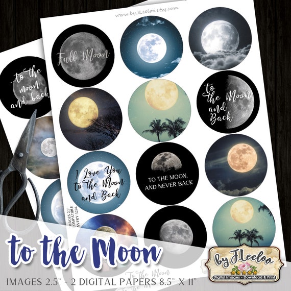 TO THE MOON 2.5 inch circle printable bottle caps stickers for pendants pin badge magnets coaster graphic digital collage sheet tn609