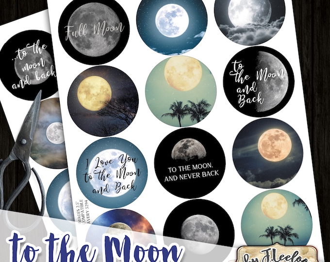 TO THE MOON 2.5 inch circle printable bottle caps stickers for pendants pin badge magnets coaster graphic digital collage sheet tn609