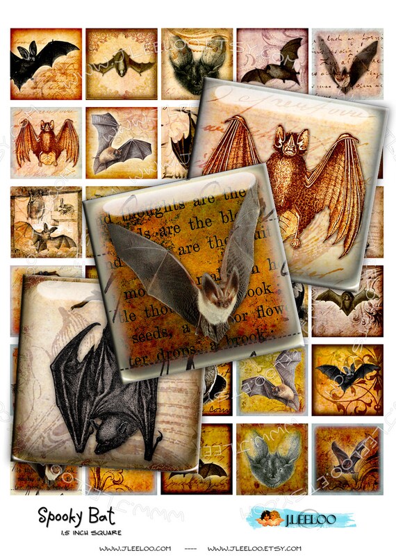 Digital collage sheet SPOOKY BAT 1.5 inch square for goth scary halloween bat skull raven pendant craft instant download printable qu379