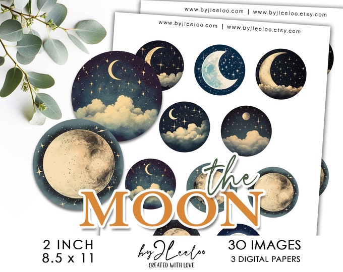 THE MOON 2 inch printable | Mystical supplies circle pendants, bezel trays, glass cabochon, mirror, magnet, label, junk journal  | tn736