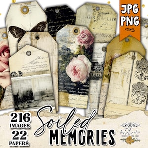 May include: A selection of vintage paper tags with a distressed aesthetic. The tags display floral and butterfly designs, along with handwritten script and the text "Soiled Memories". The image also includes the text "216 Images" and "22 Papers".