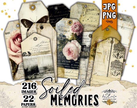 SOILED MEMORIES Grunge Vintage Tags, Distressed Journal Labels, Worn Ephemera for Junk Journal, Mixed Media. Scrapbooking, Diary | tl368