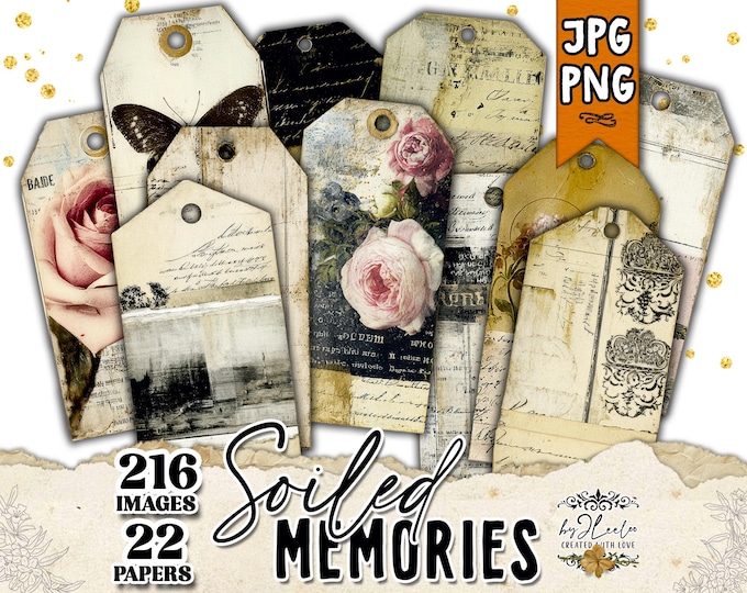 SOILED MEMORIES Grunge Vintage Tags, Distressed Journal Labels, Worn Ephemera for Junk Journal, Mixed Media. Scrapbooking, Diary | tl368