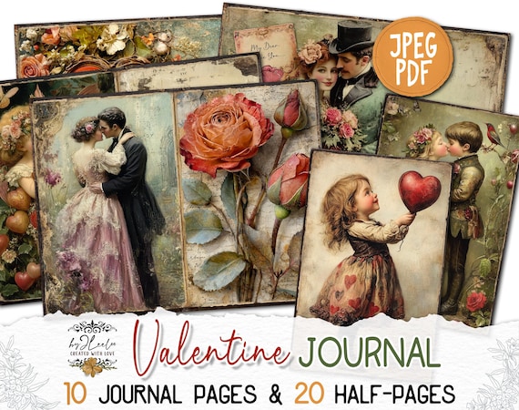 VALENTINE JOURNAL Junk Journal Pages printable | Vintage romantic pages | Digiscrap Kit scrapbook Fantasy collage Antique Craft CU | pp907