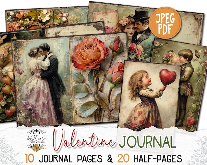 VALENTINE JOURNAL Junk Journal Pages printable | Vintage romantic pages | Digiscrap Kit scrapbook Fantasy collage Antique Craft CU | pp907