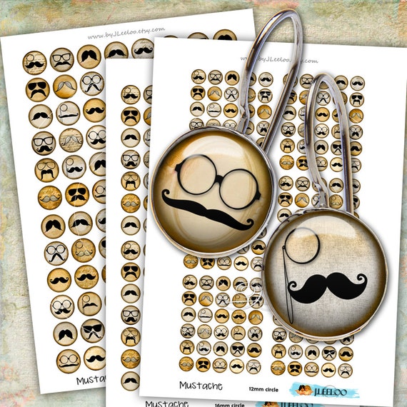 Digital printable MUSTACHE 12mm 16mm 20mm circle vintage antique men earrings rings instant download Digital collage sheet tn467