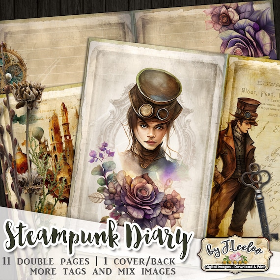 STEAMPUNK DIARY journal kit junk paper diy vintage cards tags cover square craft paper printable diary pp578