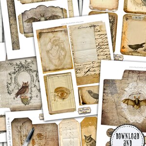 May include: Twelve digital printable sheets of vintage style scrapbook paper with images of owls, bats, hearts, eyes, and handwritten text. The paper is in shades of brown, beige, and white. Download and print.