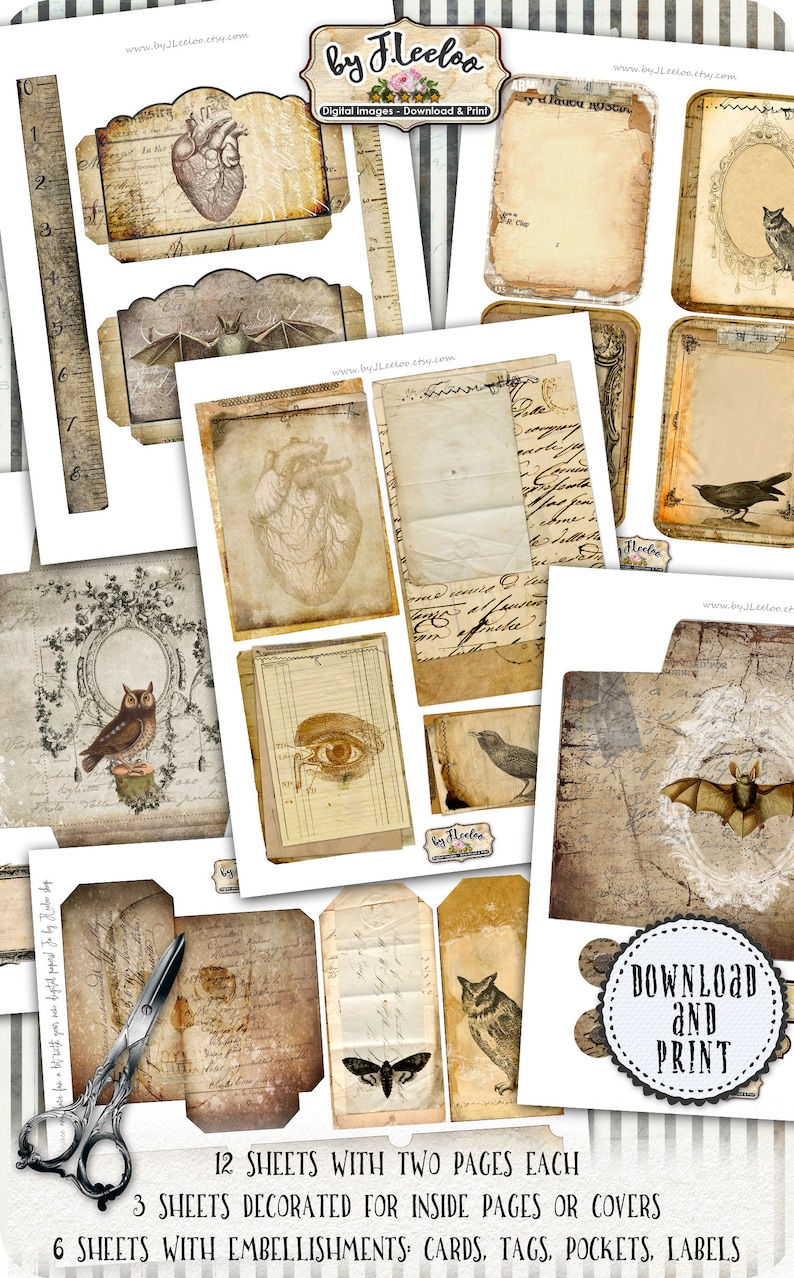 May include: Twelve digital printable sheets of vintage style scrapbook paper with images of owls, bats, hearts, eyes, and handwritten text. The paper is in shades of brown, beige, and white. Download and print.
