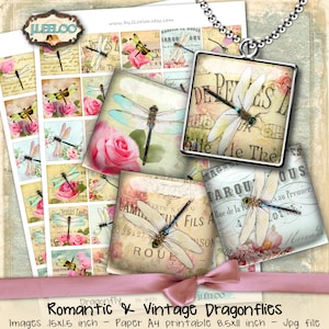 DRAGONFLY Digital printable 1.5 inch square sheets digital images insect paper goods chic vintage pendant craft instant download qu477