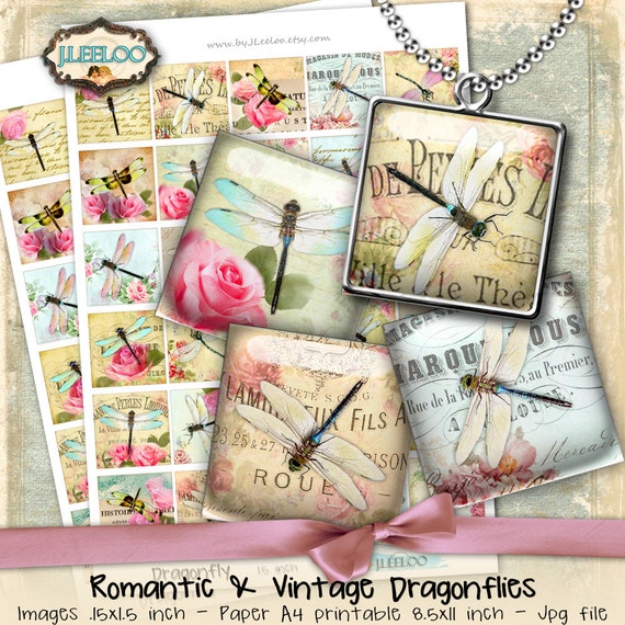 DRAGONFLY Digital printable 1.5 inch square sheets digital images insect paper goods chic vintage pendant craft instant download qu477